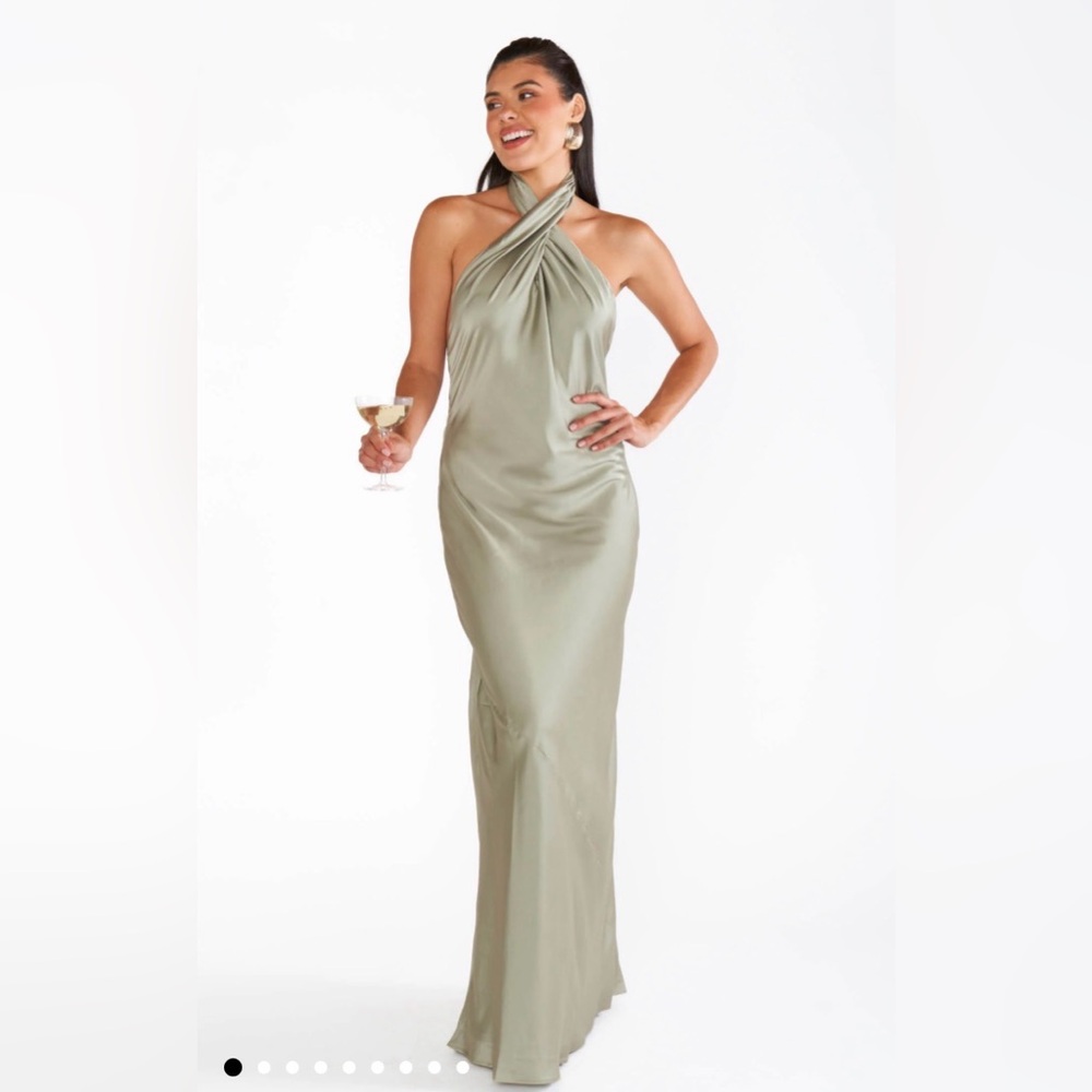 Show My Your Mumu Jasmine Halter Maxi Dress in Moss Green Luxe Satin